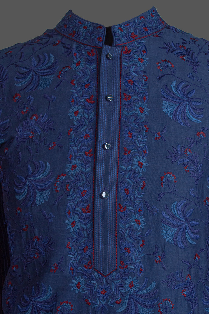 Navy Blue Chanderi Kurta for Men | Jaal Embroidered Designer Kurta | Luxury Wedding & Festive Wear