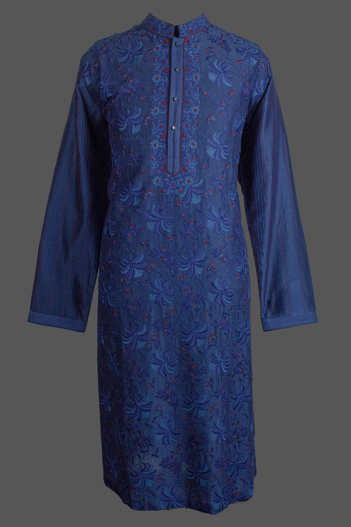 Navy Blue Chanderi Kurta for Men | Jaal Embroidered Designer Kurta | Premium Wedding & Festive Wear