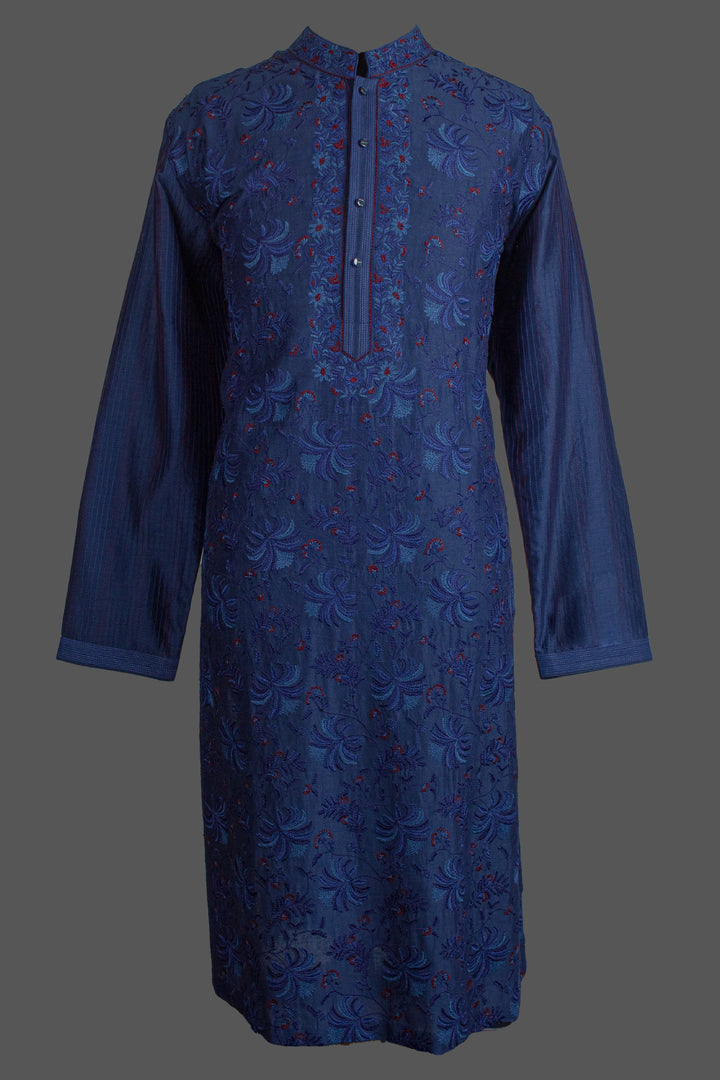 Navy Blue Chanderi Kurta for Men | Jaal Embroidered Designer Kurta | Luxury Wedding & Festive Wear