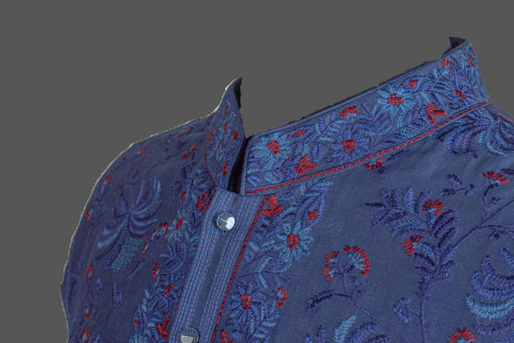 Navy Blue Chanderi Kurta for Men | Jaal Embroidered Designer Kurta | Premium Wedding & Festive Wear