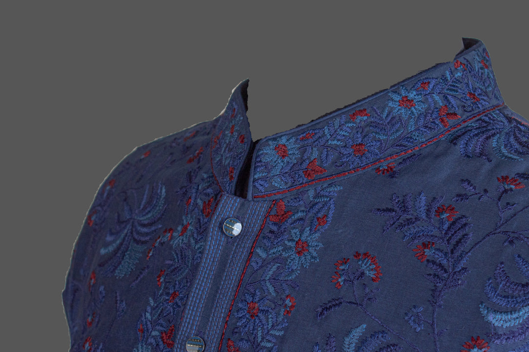 Navy Blue Chanderi Kurta for Men | Jaal Embroidered Designer Kurta | Luxury Wedding & Festive Wear