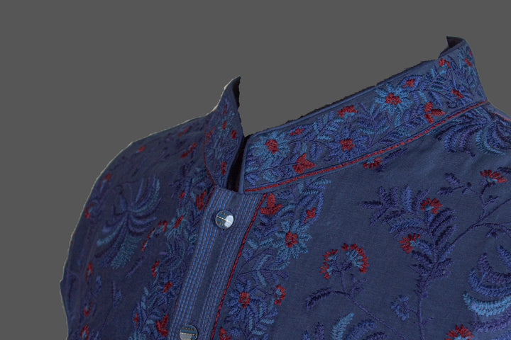 Navy Blue Chanderi Kurta for Men | Jaal Embroidered Designer Kurta | Luxury Wedding & Festive Wear