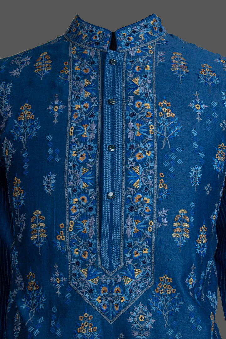 Blue Chanderi Kurta for Men | Machine Embroidered Booti Kurta | Premium Wedding & Festive Wear