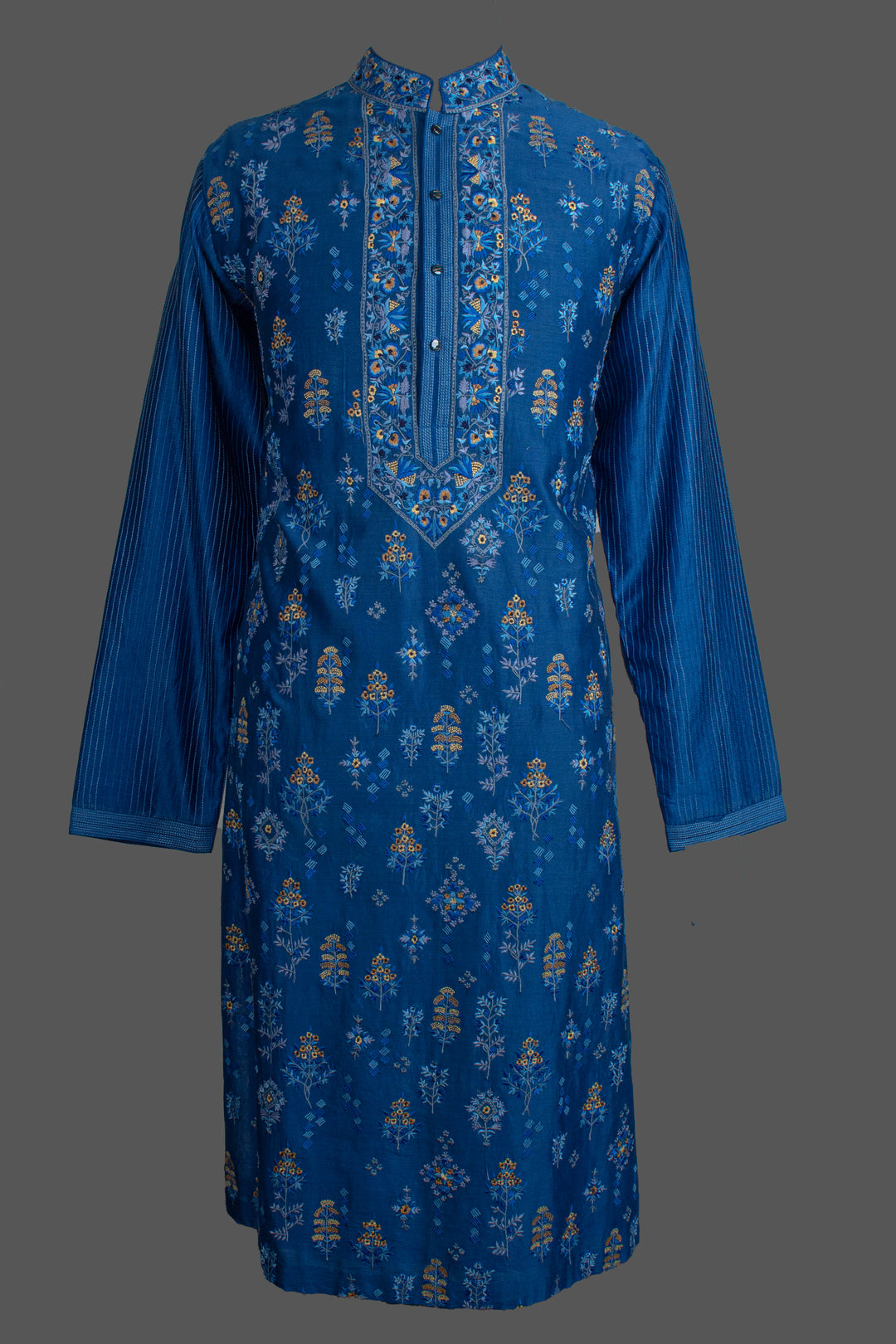 Blue Chanderi Kurta for Men | Machine Embroidered Booti Kurta | Premium Wedding & Festive Wear