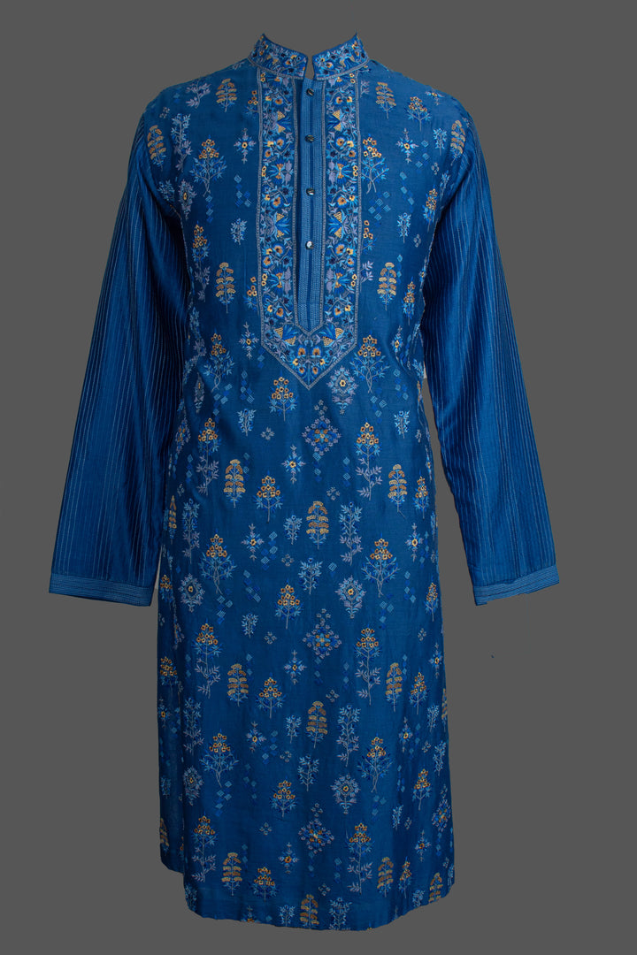 Blue Chanderi Kurta for Men | Machine Embroidered Booti Kurta | Premium Wedding & Festive Wear