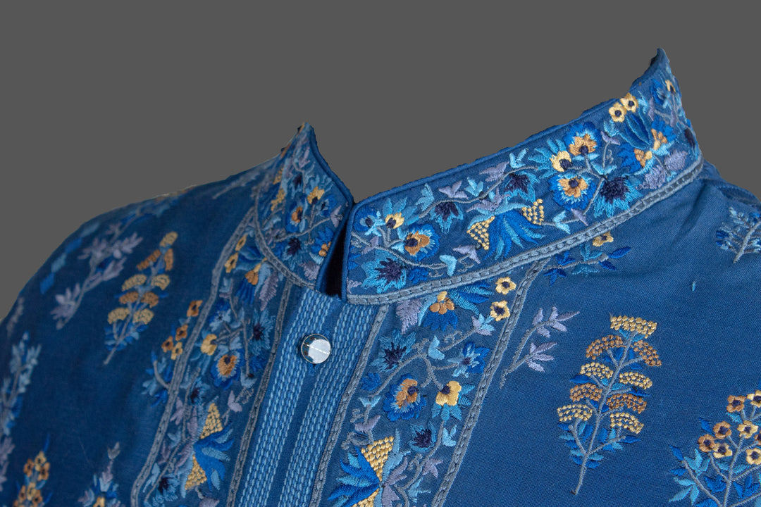 Blue Chanderi Kurta for Men | Machine Embroidered Booti Kurta | Premium Wedding & Festive Wear
