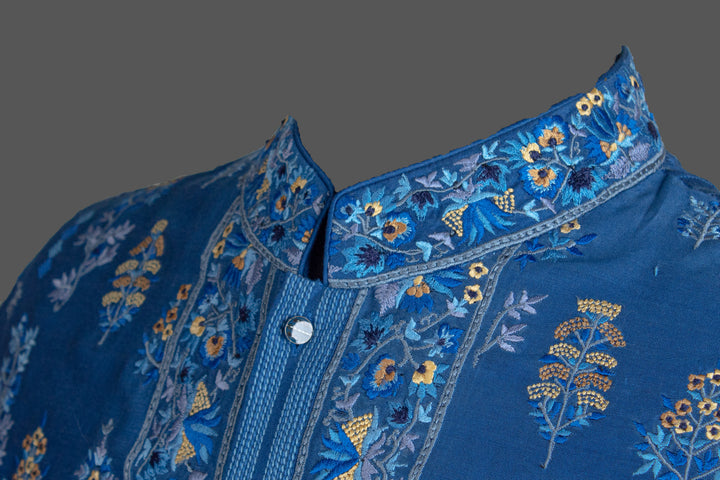 Blue Chanderi Kurta for Men | Machine Embroidered Booti Kurta | Premium Wedding & Festive Wear