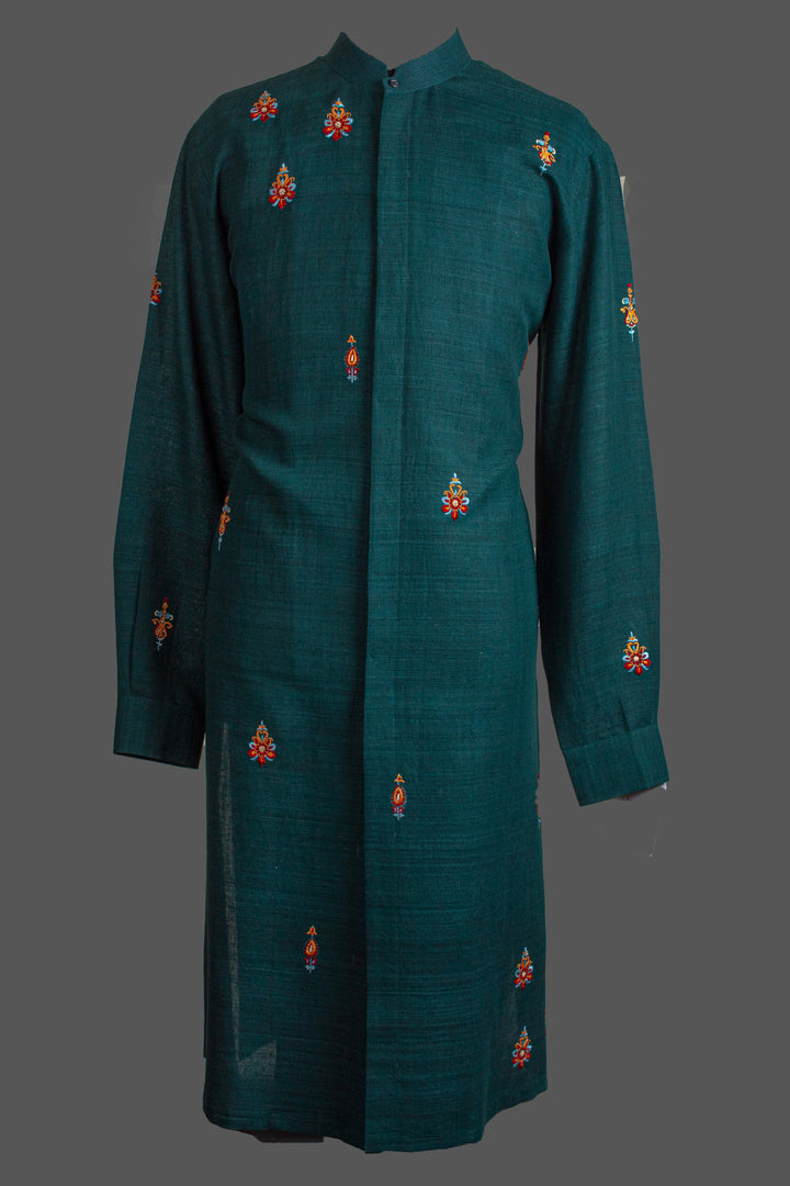Green Matka Silk Kurta for Men | Hand Embroidered Booti Kurta | Luxury Wedding & Festive Wear