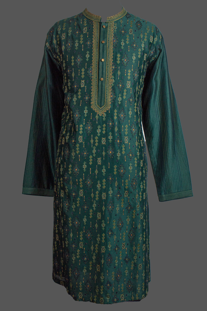 Green Chanderi Kurta for Men | Booti Embroidered Designer Kurta | Luxury Wedding & Festive Wear