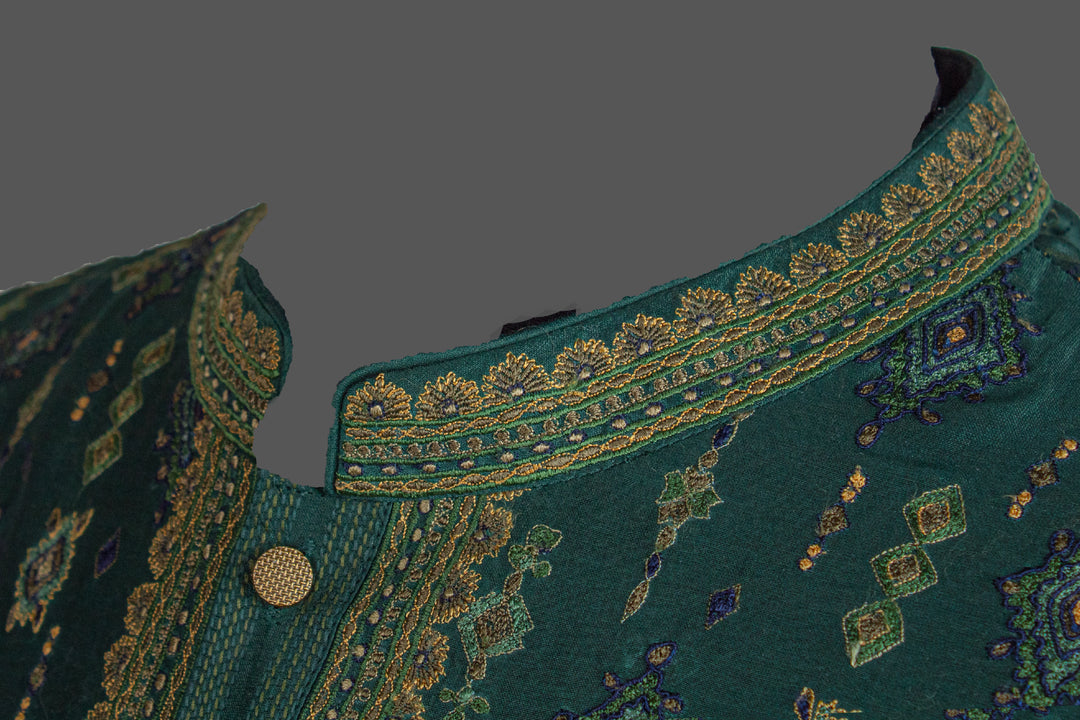 Green Chanderi Kurta for Men | Booti Embroidered Designer Kurta | Luxury Wedding & Festive Wear