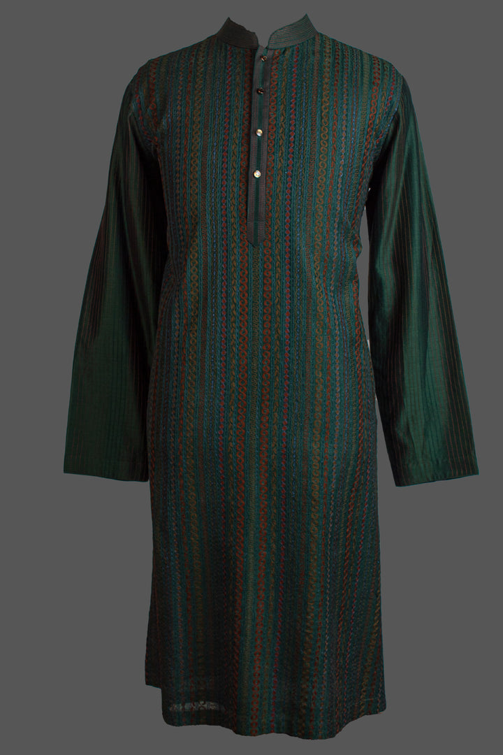Dark Green Chanderi Kurta for Men | Machine Embroidered Designer Kurta | Luxury Wedding & Festive Wear