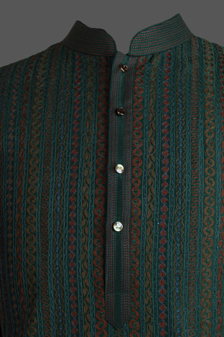 Dark Green Chanderi Kurta for Men | Machine Embroidered Designer Kurta | Luxury Wedding & Festive Wear