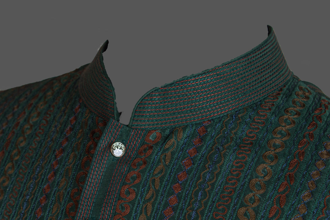 Dark Green Chanderi Kurta for Men | Machine Embroidered Designer Kurta | Luxury Wedding & Festive Wear