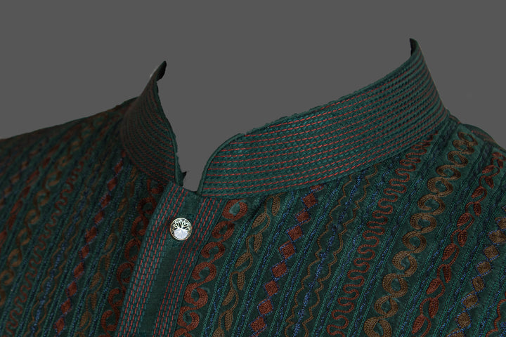 Dark Green Chanderi Kurta for Men | Machine Embroidered Designer Kurta | Luxury Wedding & Festive Wear