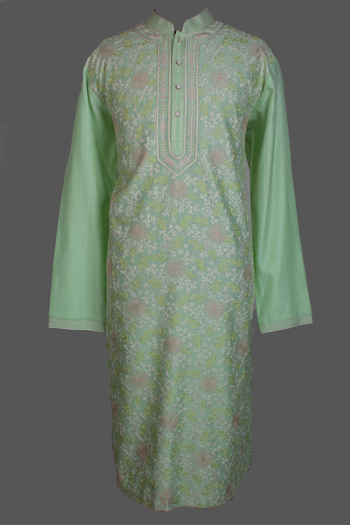 Mint Green Chanderi Kurta for Men | Aari Jaal Embroidered Designer Kurta | Wedding & Festive Wear