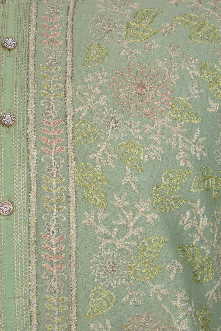 Mint Green Chanderi Kurta for Men | Aari Jaal Embroidered Designer Kurta | Wedding & Festive Wear