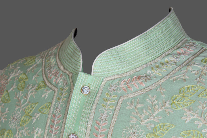 Mint Green Chanderi Kurta for Men | Aari Jaal Embroidered Designer Kurta | Wedding & Festive Wear