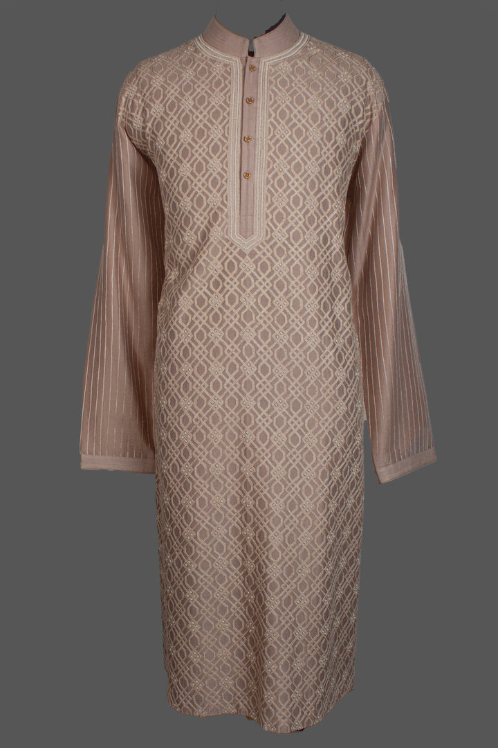 Beige Chanderi Kurta for Men | Geometric Jaal Embroidered Designer Kurta | Wedding & Festive Wear