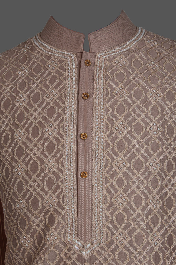 Beige Chanderi Kurta for Men | Geometric Jaal Embroidered Designer Kurta | Wedding & Festive Wear