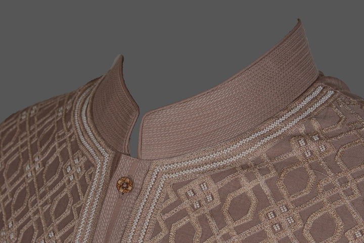 Beige Chanderi Kurta for Men | Geometric Jaal Embroidered Designer Kurta | Wedding & Festive Wear