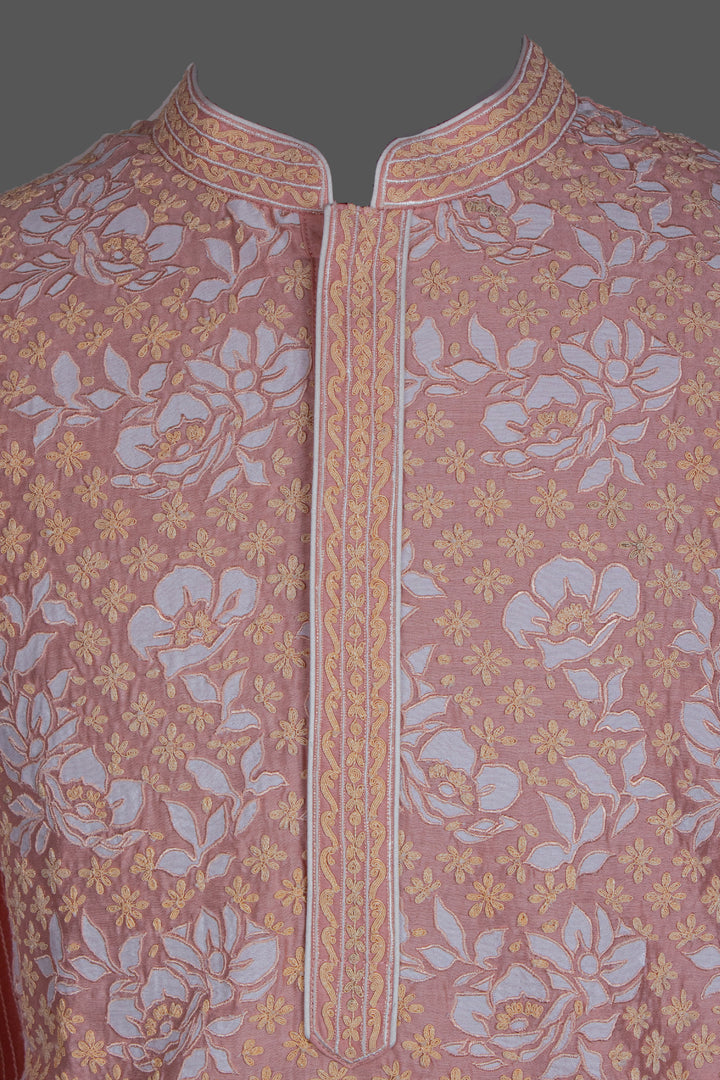 Pink Chanderi Kurta for Men | Appliqué & Dori Jaal Embroidered Kurta | Designer Wedding & Festive Wear