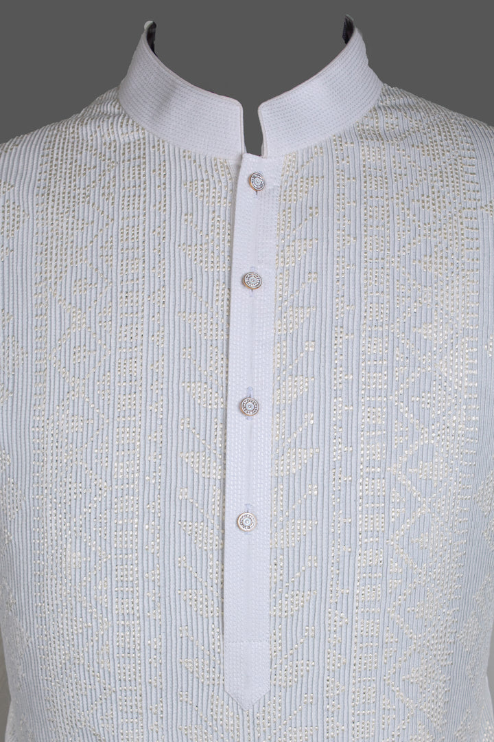 Off-White Cotton Silk Kurta for Men | Pintuck Machine Embroidered Kurta | Premium Wedding & Festive Wear
