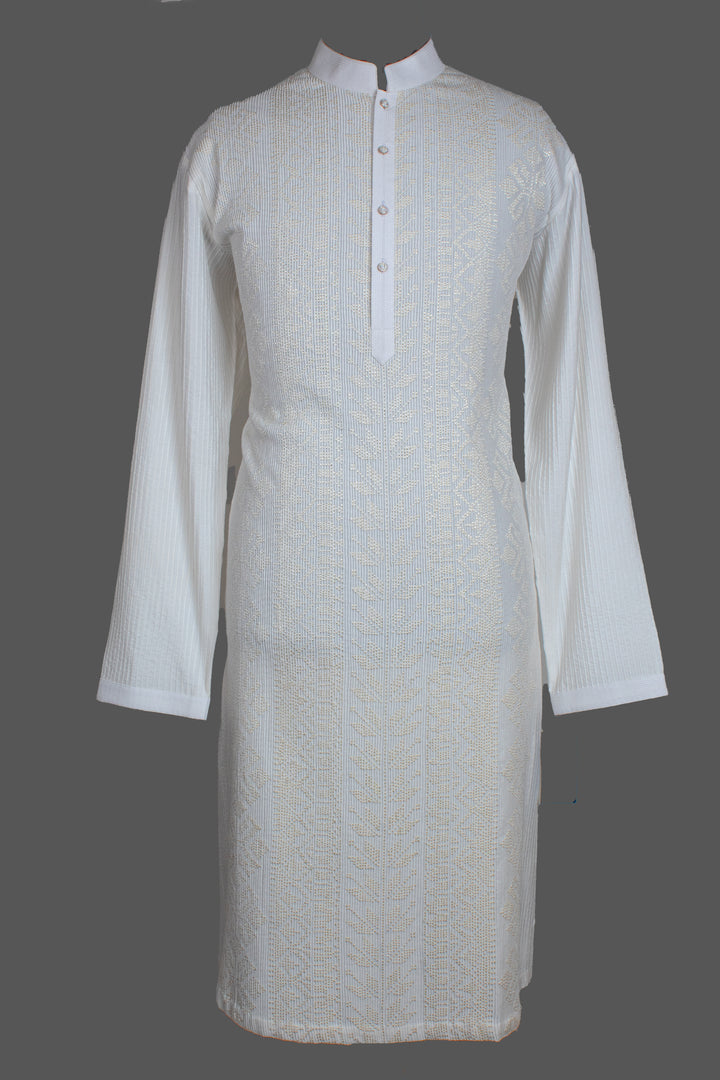 Off-White Cotton Silk Kurta for Men | Pintuck Machine Embroidered Kurta | Premium Wedding & Festive Wear