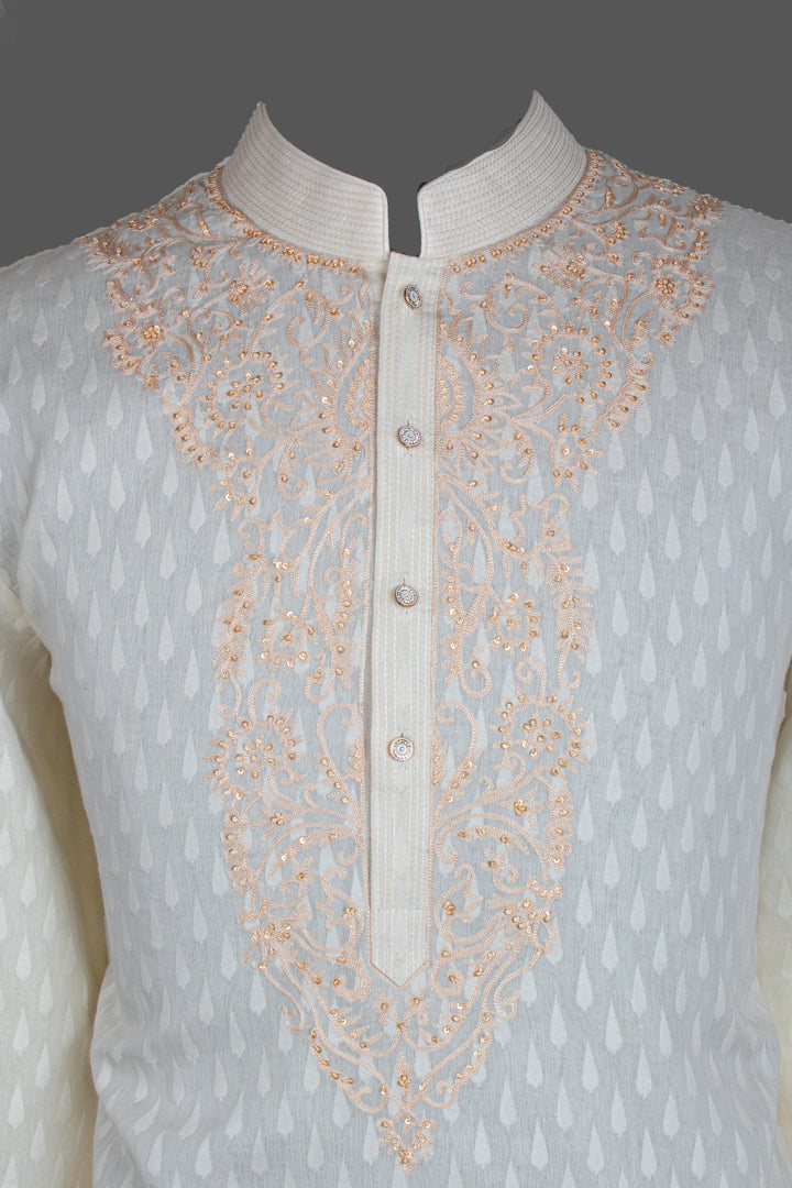 Cream Banarasi Silk Kurta for Men | Aari & Hand Embroidered Kurta | Luxury Wedding & Festive Wear