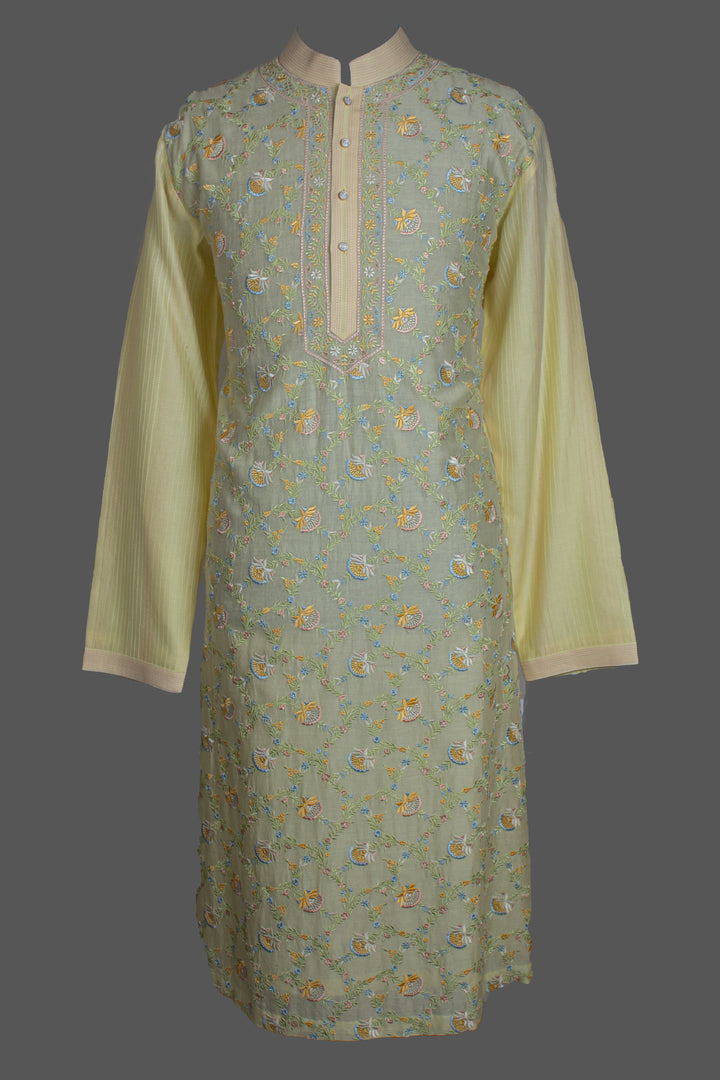 Yellow Chanderi Kurta for Men | Jaal Embroidered Designer Kurta | Haldi, Wedding & Festive Wear