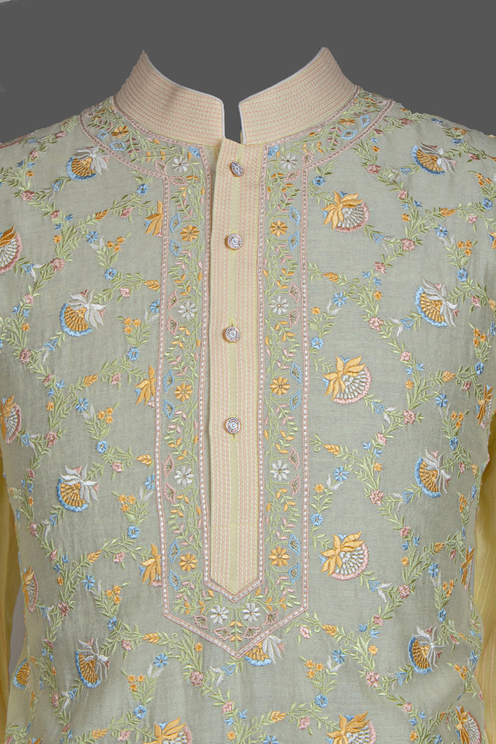 Yellow Chanderi Kurta for Men | Jaal Embroidered Designer Kurta | Haldi, Wedding & Festive Wear