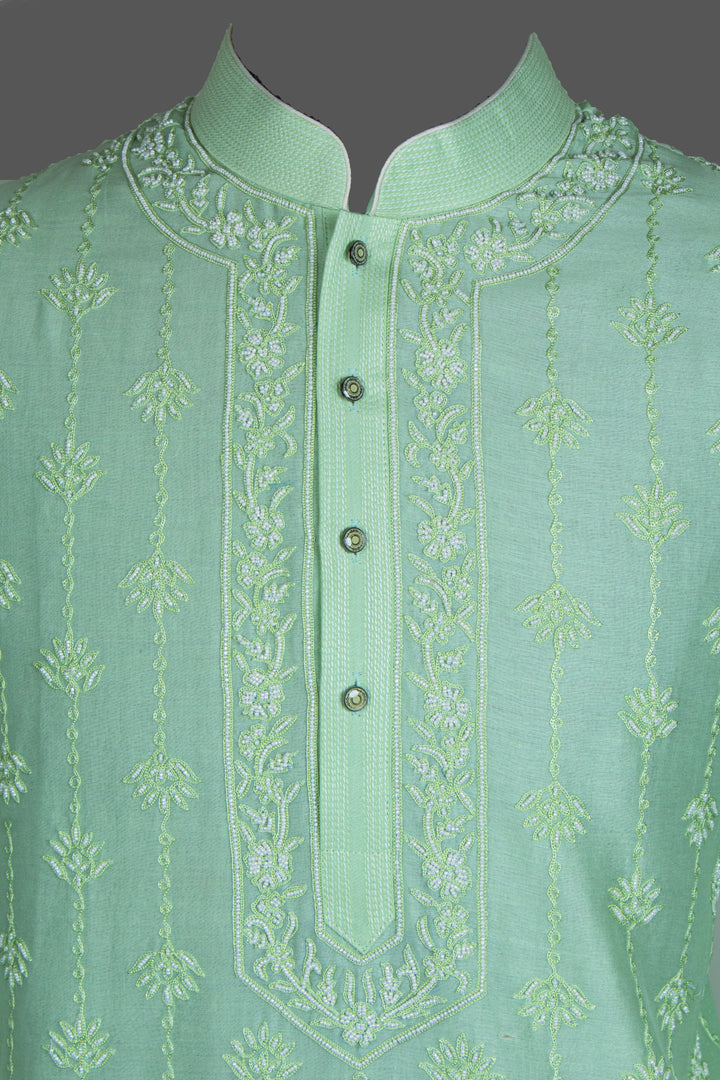 Mint Green Chanderi Kurta for Men | Aari & Moti Work Designer Kurta | Wedding & Festive Wear