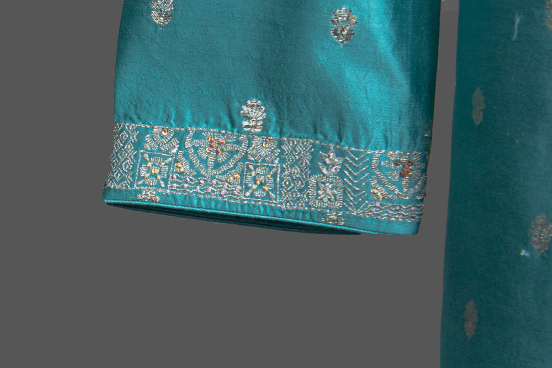 Green Silk Kurta & Aqua Brocade Bundi Set for Men | Hand Embroidered Designer Ethnic Set | Luxury Wedding & Festive Wear