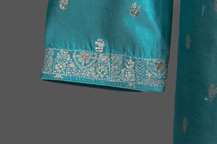 Green Silk Kurta & Aqua Brocade Bundi Set for Men | Hand Embroidered Designer Ethnic Set | Luxury Wedding & Festive Wear