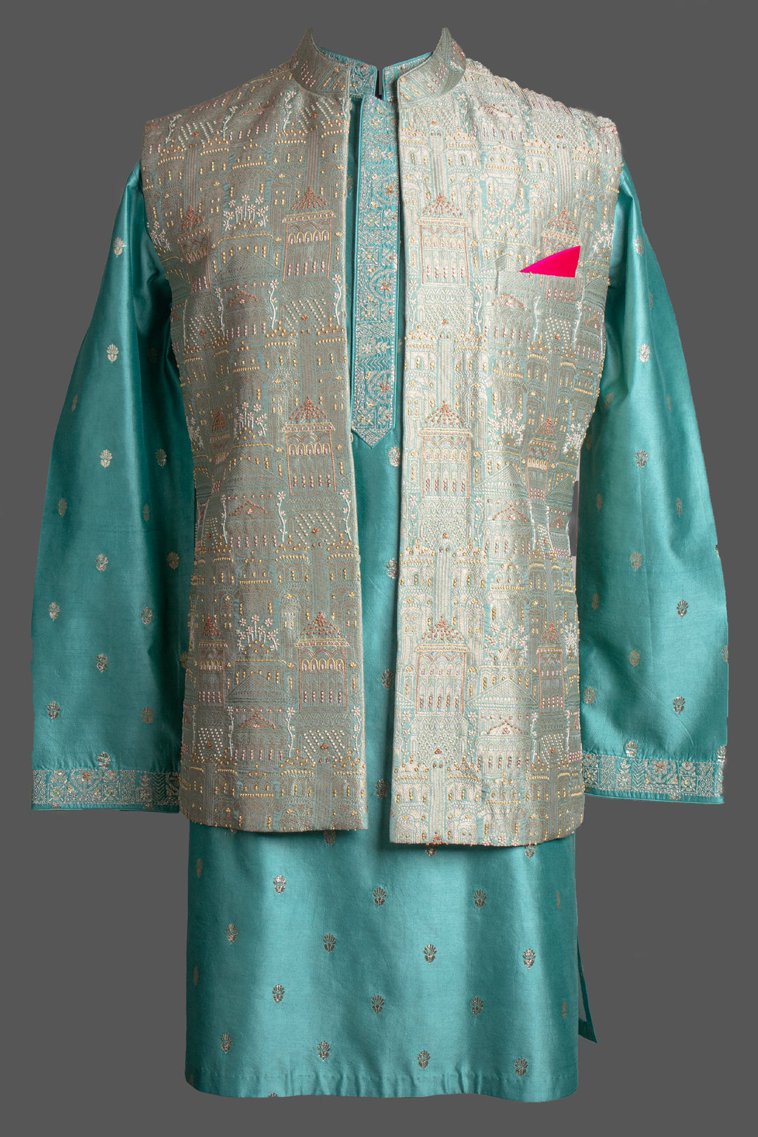 Green Silk Kurta & Aqua Brocade Bundi Set for Men | Hand Embroidered Designer Ethnic Set | Luxury Wedding & Festive Wear