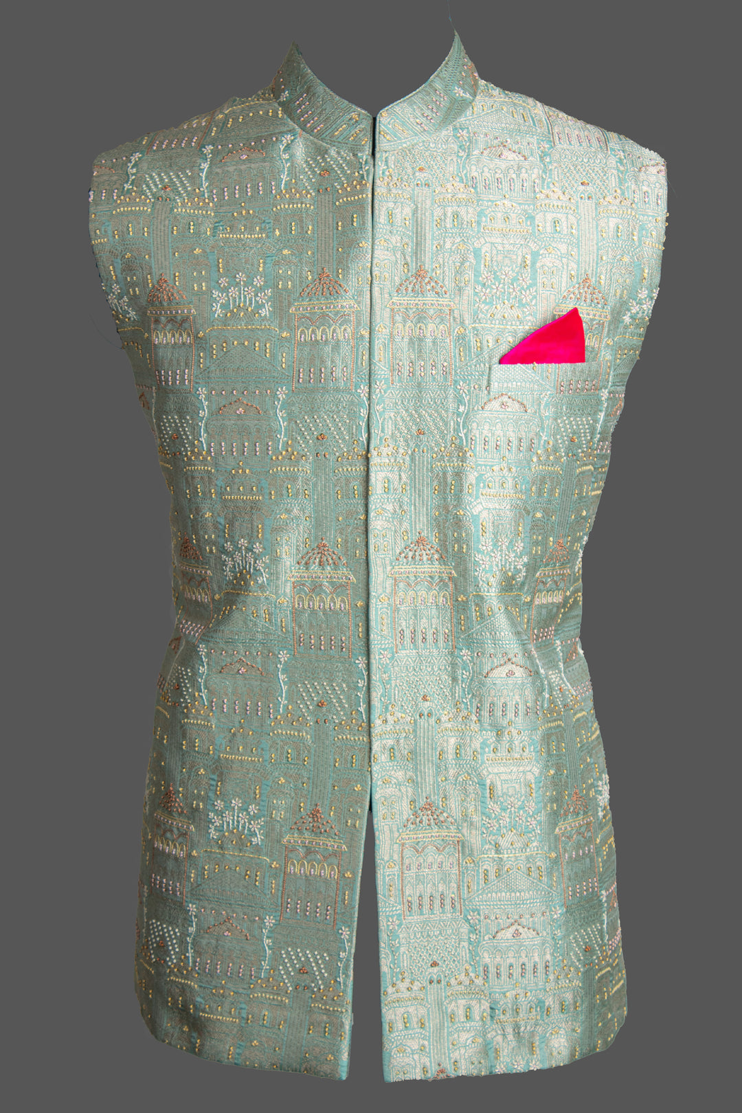 Green Silk Kurta & Aqua Brocade Bundi Set for Men | Hand Embroidered Designer Ethnic Set | Luxury Wedding & Festive Wear