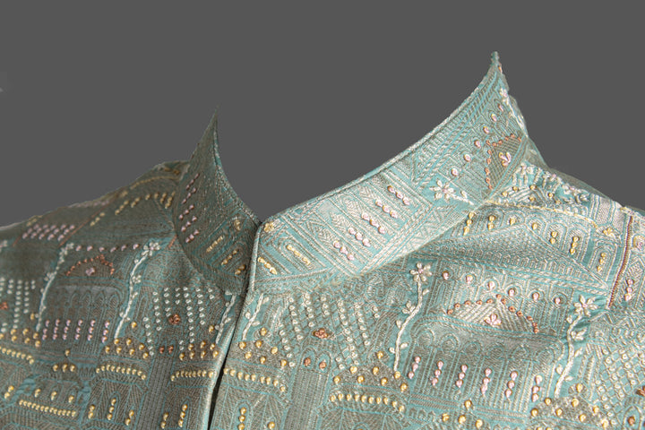 Green Silk Kurta & Aqua Brocade Bundi Set for Men | Hand Embroidered Designer Ethnic Set | Luxury Wedding & Festive Wear