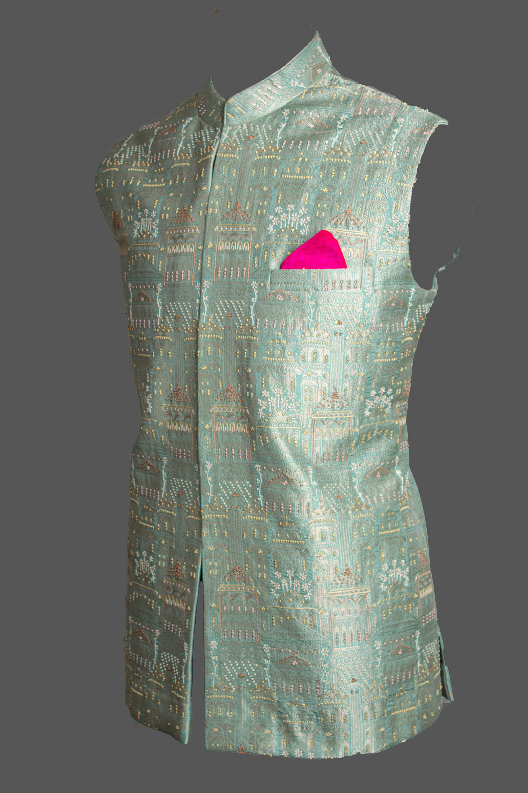 Green Silk Kurta & Aqua Brocade Bundi Set for Men | Hand Embroidered Designer Ethnic Set | Luxury Wedding & Festive Wear