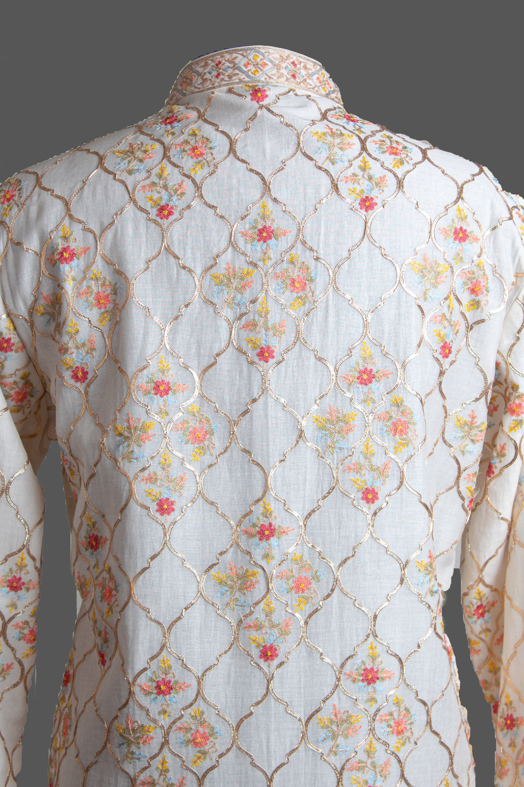 Off-White Chanderi Kurta for Men | Aari Jaal & Gota Detail | Luxury Wedding & Festive Wear