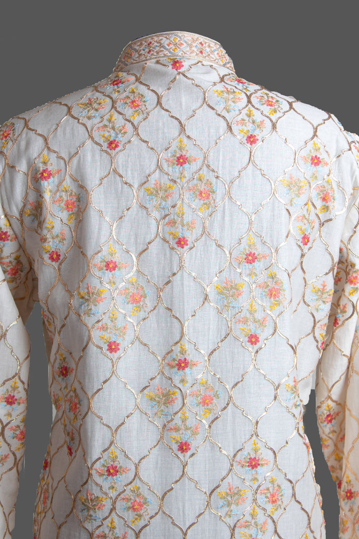 Off-White Chanderi Kurta for Men | Aari Jaal & Gota Detail | Luxury Wedding & Festive Wear