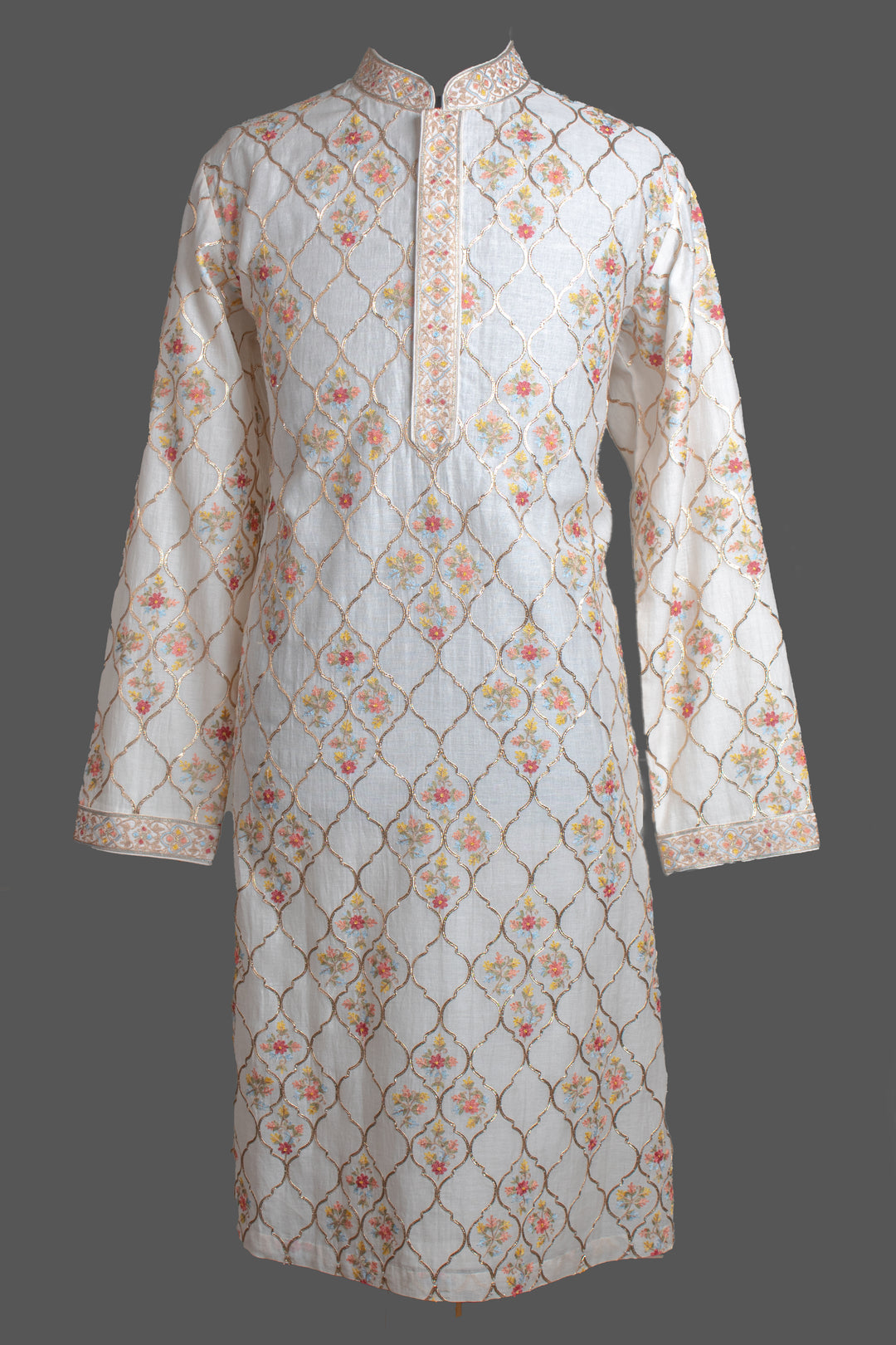 Off-White Chanderi Kurta for Men | Aari Jaal & Gota Detail | Luxury Wedding & Festive Wear