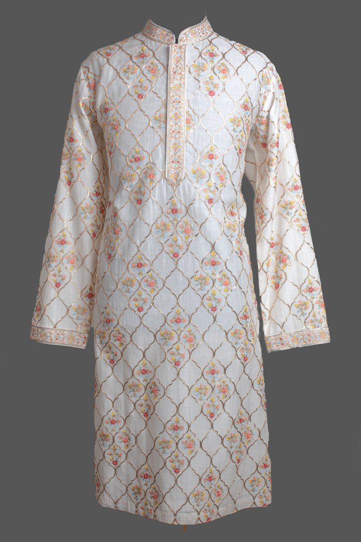 Off-White Chanderi Kurta for Men | Aari Jaal & Gota Detail | Luxury Wedding & Festive Wear