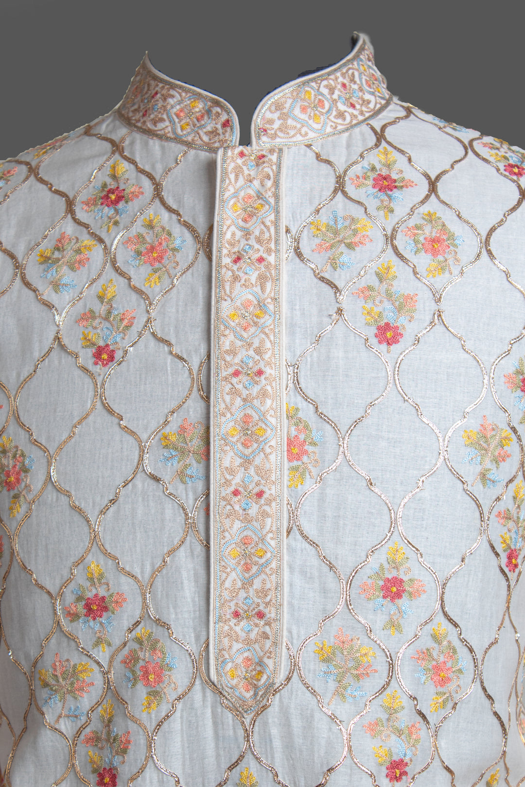 Off-White Chanderi Kurta for Men | Aari Jaal & Gota Detail | Luxury Wedding & Festive Wear
