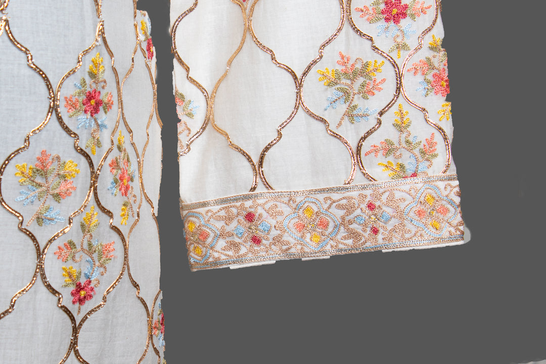 Off-White Chanderi Kurta for Men | Aari Jaal & Gota Detail | Luxury Wedding & Festive Wear