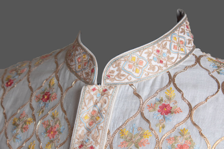 Off-White Chanderi Kurta for Men | Aari Jaal & Gota Detail | Luxury Wedding & Festive Wear