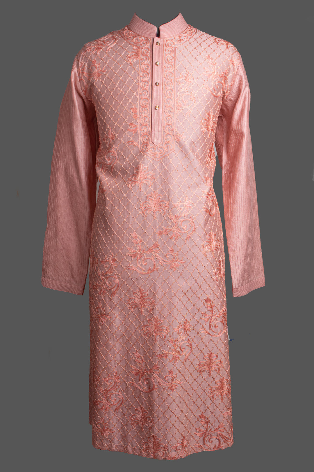 Pink Chanderi Kurta for Men | Aari Jaal Embroidered Designer Kurta | Wedding & Festive Wear