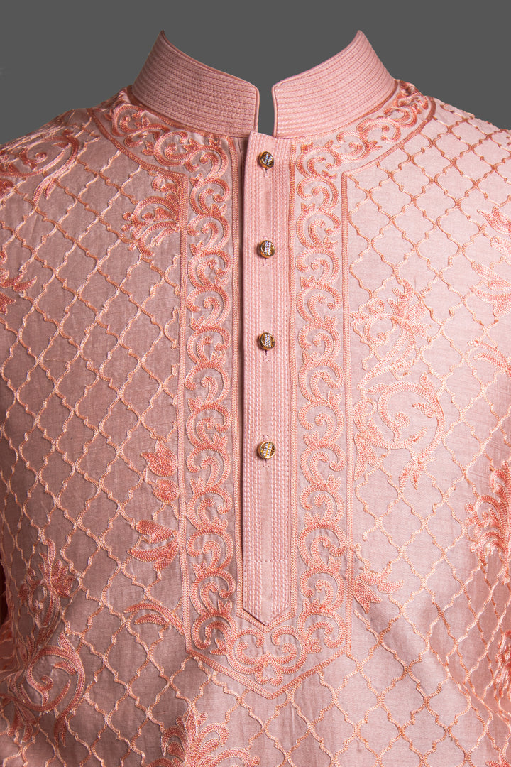 Pink Chanderi Kurta for Men | Aari Jaal Embroidered Designer Kurta | Wedding & Festive Wear