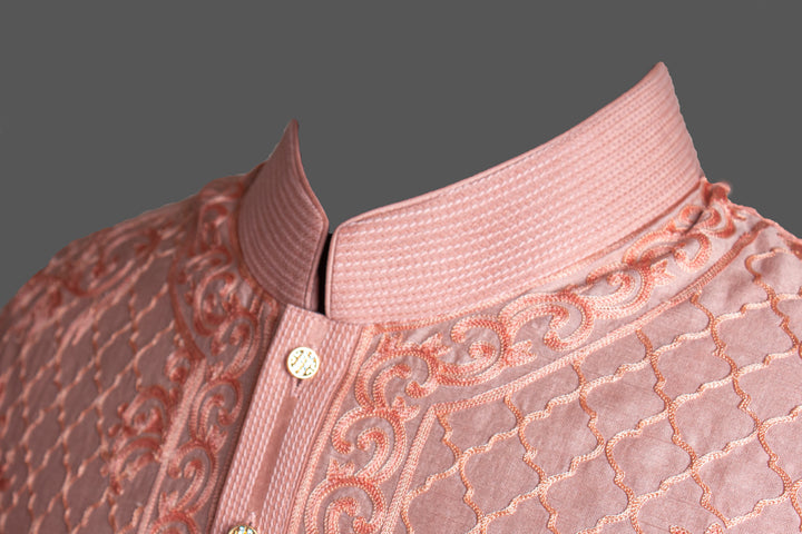 Pink Chanderi Kurta for Men | Aari Jaal Embroidered Designer Kurta | Wedding & Festive Wear