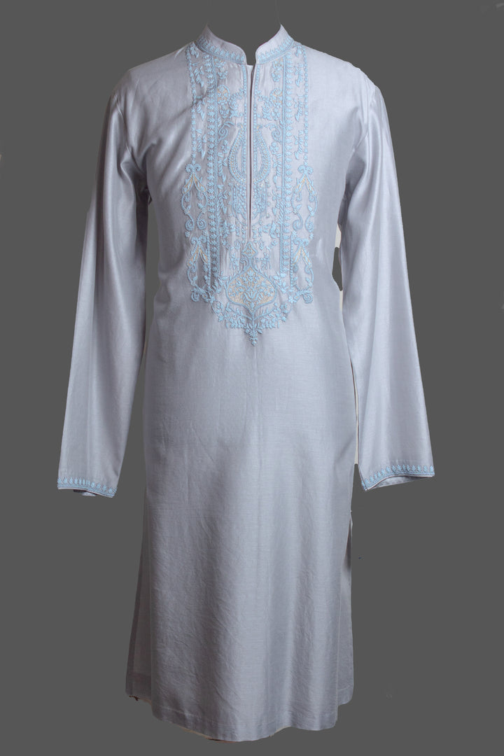 Sky Blue Chanderi Kurta for Men | Dori Embroidered Designer Kurta | Wedding & Festive Wear