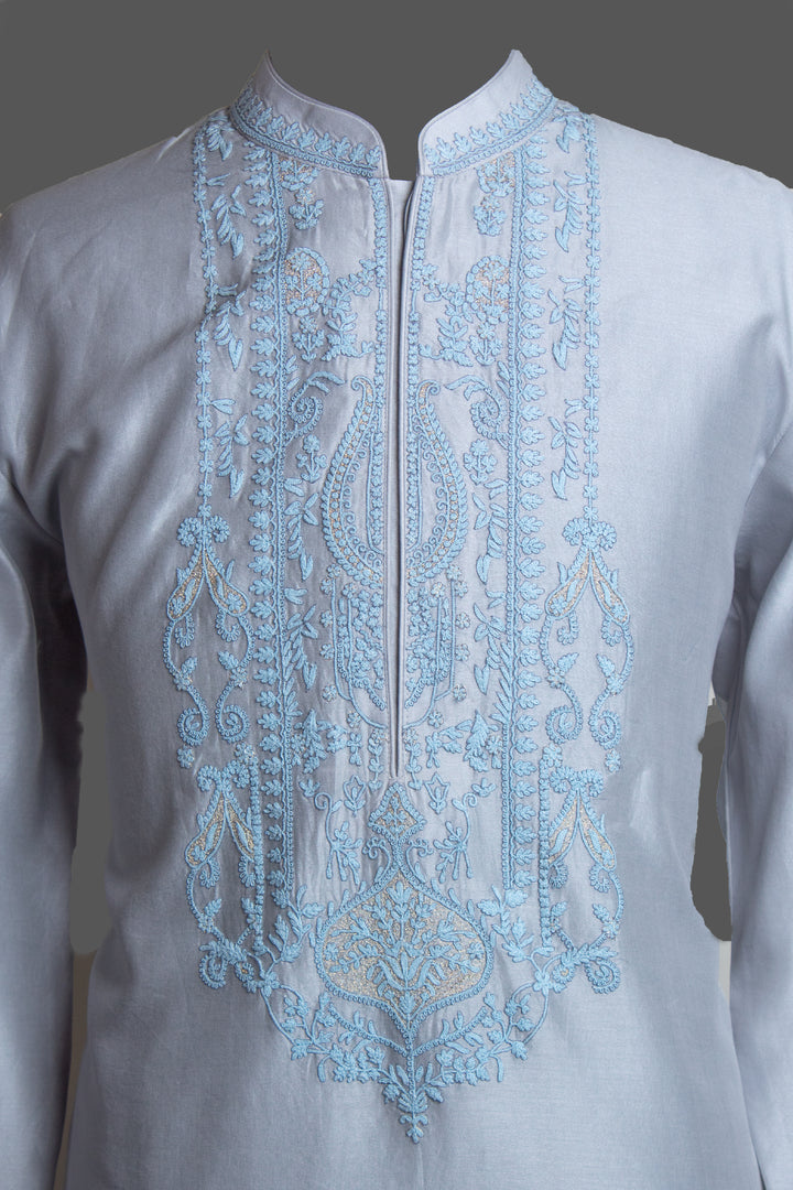 Sky Blue Chanderi Kurta for Men | Dori Embroidered Designer Kurta | Wedding & Festive Wear