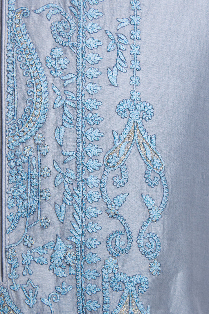 Sky Blue Chanderi Kurta for Men | Dori Embroidered Designer Kurta | Wedding & Festive Wear